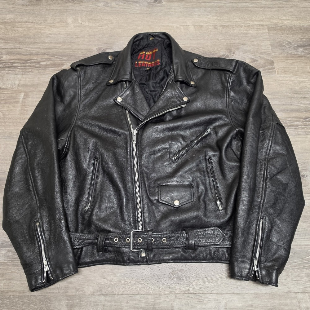 Vintage Hot Leathers Motorcycle Jacket Mens 52 2XL Black Leather Biker Perfecto